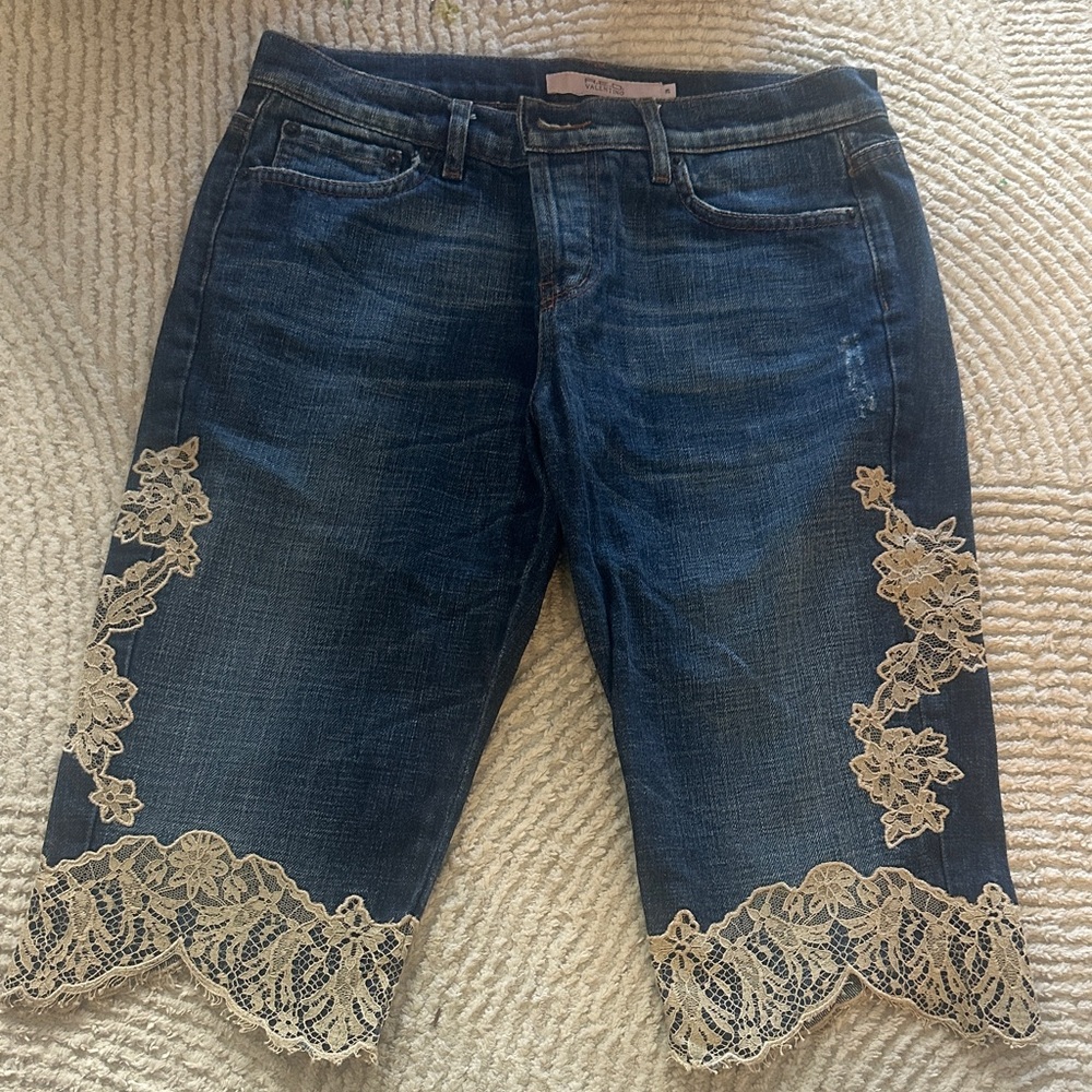 RED Valentino Dark Blue Denim Jean Shorts with Cream Lace Trim
